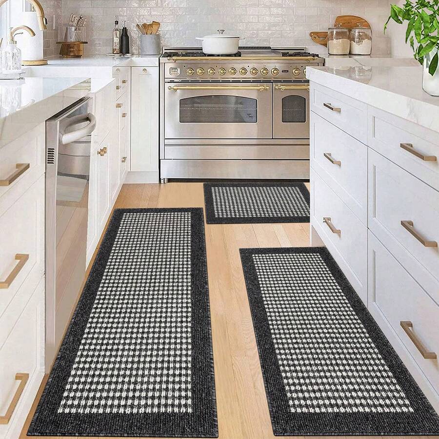 HEBE Kitchen Mat Sets 3 Piece Minimalist 3D Lattice Kitchen Floor Rugs With Non Slip Rubber Backing Machine Washable Farmhouse Runner Rugs For Laundry Hallway Doormat - 彩色 - 查看 1