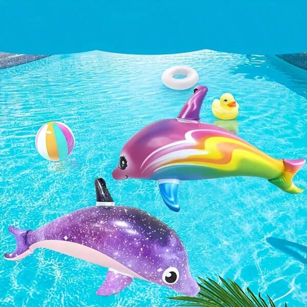 Delfín inflable arcoíris - Delfín vibrante y colorido con estrellas brillantes y diseño de arcoíris vívido, perfecto para decoración de playa, piscina y fiestas, accesorio de fiesta de playa | Diseño alegre | Inflable duradero, boya arcoíris
