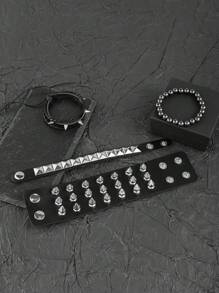 Yanxyad Punk Bracelets Set For Men, Punk Spiked Studded Bracelets PU Leather Rivet Studded Bracelet For Men Women, Goth Punk Bracelet Black Biker Wide Strap Adjustable Bangle Wristband, Gothic Punk Bracelet For Men Women Gifts