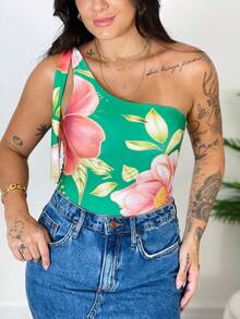 Women's Printed Macaw Bodysuit Summer  One-Shoulder Top With Single Strap - Emerald Garden - View 3