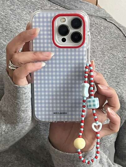 蓝色格子图案手机壳，兼容 16/17 Pro Max/17 Air/15/13 Pro/14/12/11 Plus，撞色手链软壳