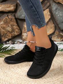 Zapatos de punto sin cordones de tela transpirable con decoración de rayas de unicolor, adecuado para deportes al aire libre para mujeres de talla grande