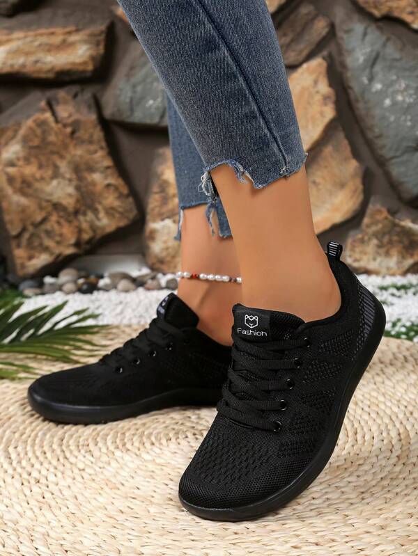 Plus Size Women's Breathable Fabric Solid Color Striped Decoration Lace-Up Barefoot Shoes Suitable For Outdoor Sports