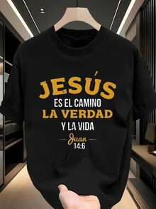 Men'S Casual Crew Neck T-Shirt with Jesus Saved My Life Print - Lightweight Polyester, Regular Fit, Summer Fashion Tee for Adults, Everyday Tshirt  Graphic Tee  Patterned Shirt - Negro - Ver 1