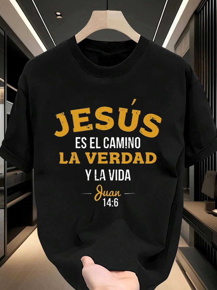 Men'S Casual Crew Neck T-Shirt with Jesus Saved My Life Print - Lightweight Polyester, Regular Fit, Summer Fashion Tee for Adults, Everyday Tshirt  Graphic Tee  Patterned Shirt - Negro - Ver 1