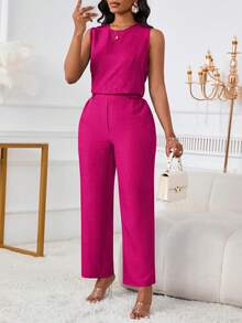 2 件套女士休闲优雅无袖上衣和斜口袋纽扣细节长裤套装 - 玫紅色 - 查看 6