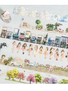 1 件装装饰胶带复古街景树木云彩少女 PET 胶带贴纸 6.0 厘米 * 2 米非常适合子弹日记用品、艺术、剪贴簿、DIY 工艺品、规划师 6design 供选择、学校用品、返校 - 彩色 - 查看 3