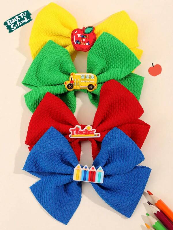 4 piezas de pinzas para el cabello de vuelta a la escuela, adecuadas para niñas, los patrones incluyen manzana amarilla, autobús verde, letra roja, lápiz azul, accesorios para el cabello de unicolor lindos, ideales para regalos de vuelta a la escuela y uso diario para adolescentes