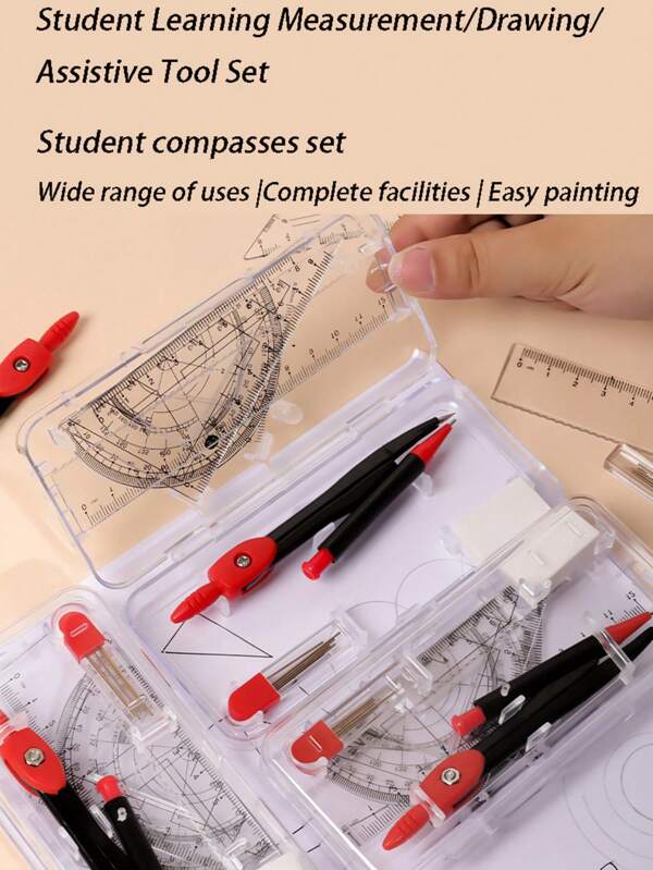 Conjunto de ferramentas de auxílio para estudo e desenho de 1 peça para estudantes (conjunto de régua triangular e compasso 7 em 1), kit de desenho geométrico para exames do ensino fundamental e médio com recargas de lápis