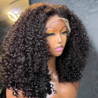 CUEKI 13x4 鲍勃卷曲蕾丝假发 60% 真人发质假发 透明蕾丝前部假发 预拔短鲍勃假发 卷曲纤维混合真人发质假发 女士圣诞礼物（鲍勃假发 10-14 英寸）