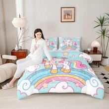 Unicorn Bedding Queen,Star Print Rainbow Kids Comforter Sets For Girls Comforter Set,Cute Unicorn Duvet Quilt,Cute Animal Bedding Rainbow Bedroom Decor,Blue - 黃色 - 查看 6