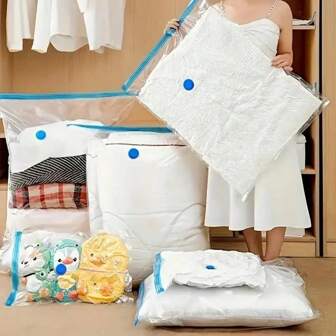 5pcs Reusable Vacuum Compressed Storage Bags, Space Saving Clothes Organizer Bags For Travel, Suits, Shirts, Blankets, Jackets, Dorms, Closets, Bedroom, Bathroom, Back To School Season