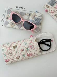 1Pc Cute Heart& Bear Pattern Quilting Glasses Bag ,Travel Glass Pouch ,Girls Glasses Storage Box, Sunglasses Accessories Featuring A Cute Print Style, Cartoon Design, And A Girlish Heart Pattern, Perfectly Protecting Sunglasses And Making It A Great Gift For Summer Vacation ,Journey