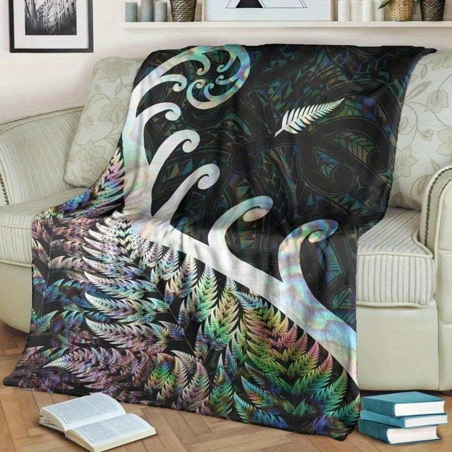 新西兰橄榄球毛利风格豪华毛绒毯 - 银蕨、鲍鱼壳图案，四季皆宜的舒适床上用品，适合午睡、露营、旅行，是送给朋友和家人的绝佳礼物 - 彩色 - 查看 1