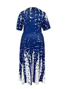 Plus Size Contrast Color Patch Pocket Casual Round Neck Short Sleeve Party Vacation Elegant Dress, Comfortable House Dress, Fall/Summer - Màu xanh lam - Xem 2