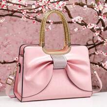 1 pieza Bolso de mano con gran lazo, con asas doradas, disponible en varios colores - rosa, rojo, blanco, azul, caqui, negro, marrón, hecho de material de PU, cierre con cremallera, apropiado para salir y para llevar lo necesario diario, nuevo lanzamiento 2025