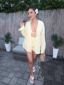 Melissa Matos 宽松系腰细条纹沙滩短裤仅限波西米亚风伊比沙岛可爱性感度假夏季海滩泳装遮盖性感肌肤 - 彩色 - 查看 3