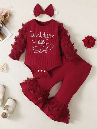 Conjunto para bebé niña de 3 piezas, body rosa con tejido acanalado y tul con mariposas en relieve + diadema a juego