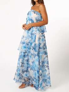 Women Summer Boho Strapless Maxi Dress 2025 Casual Sleeveless Off Shoulder Floral Ruffle Layered Party Long Dress Beach Sundress