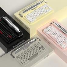 ATTACK SHARK AJAZZ AF84 无线打字机键盘，可爱复古美学设计，带集成支架，适用于平板电脑、手机，混色复古圆形键帽，2.4GHz 无线/蓝牙连接，适用于平板电脑/PC/Windows 系统