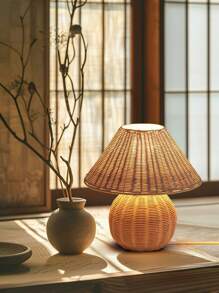 قطعة واحدة مصباح طاولة مصنوع يدويًا من الخيزران والخشب، مصباح بطراز كلاسيكي، مصباح سرير بلمسات خشبية نوردية، مناسب للإقامة المنزلية، غرفة الطعام، التخييم، مصباح أجواء ضوء دافئ