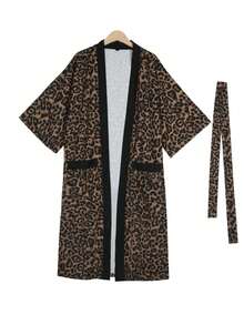 男士豹纹沙滩长袍，中长款轻薄透气罩衫，适合海滩、泳池、派对，3/4 袖，腰带，舒适家居长袍 - 咖啡棕 - 查看 4