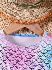 Kleine Mädchen Lässig Kleid mit Puffärmeln, asymmetrischem Meerjungfrauenschuppen-Blumenmuster, Schleife, Mesh und Pailletten Dekor