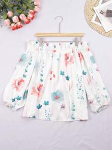 Plus Size Women Floral Print Single Collar Ruffle Hem Elegant Blouse - Green - View 4