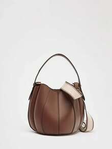 1 件女士棕色 PU 复古时尚缝线装饰抽绳桶形手提包，通勤单肩斜挎包 - 棕色 - 查看 1