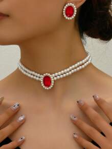 3 Peças/Conjunto Corrente para a Clavícula com Aspecto Luxuoso, Pulseira Curta de Pérola Falsa e Strass Acrílico, Brincos