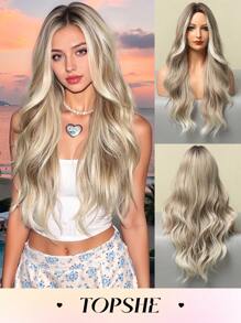 Einfach zu tragende, lange lockige 26-Zoll-Perücken für Frauen mit braunem und blondem Farbverlauf-Farbverlauf ohne Pony, hitzebeständiges synthetisches Haar, verstellbarer Kopfumfang, für Cosplay, Fotografie, Reisen