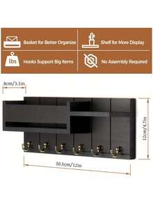 1pc Rustic Style Wall-Mounted Key Holder Rack With Shelf & Hooks - Mail Organizer And Key Rack, Suitable For Entryway, Kitchen, Farmhouse Decor, Living Room, Wall Mounted Hooks - Multicolor - View 3