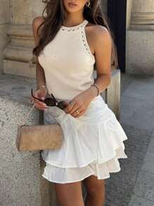 Women's Fashionable, Elegant, Minimalist Solid White Fabric Camisole, Suitable For Summer Daily Wear