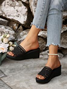 女士优雅厚底凉鞋 - 6.6 厘米透气 TPR 鞋底，露趾系带设计，全天舒适 - 夏季休闲专业黑色凉鞋，舒适鞋子，耐用鞋底结构