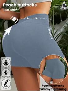 1pc Women Plus Size Solid Color Seamless High Waist Quick-Dry Shorts For Yoga, Running, Gym, Tummy Control, Butt Lifting - Blue - View 2