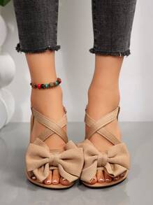 New Women Flat Sandals Summer Khaki Bowknot Open Toe Outdoor Versatile Elastic Strap Sandals