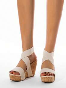 纯色交叉绑带优雅厚底坡跟凉鞋，夏季