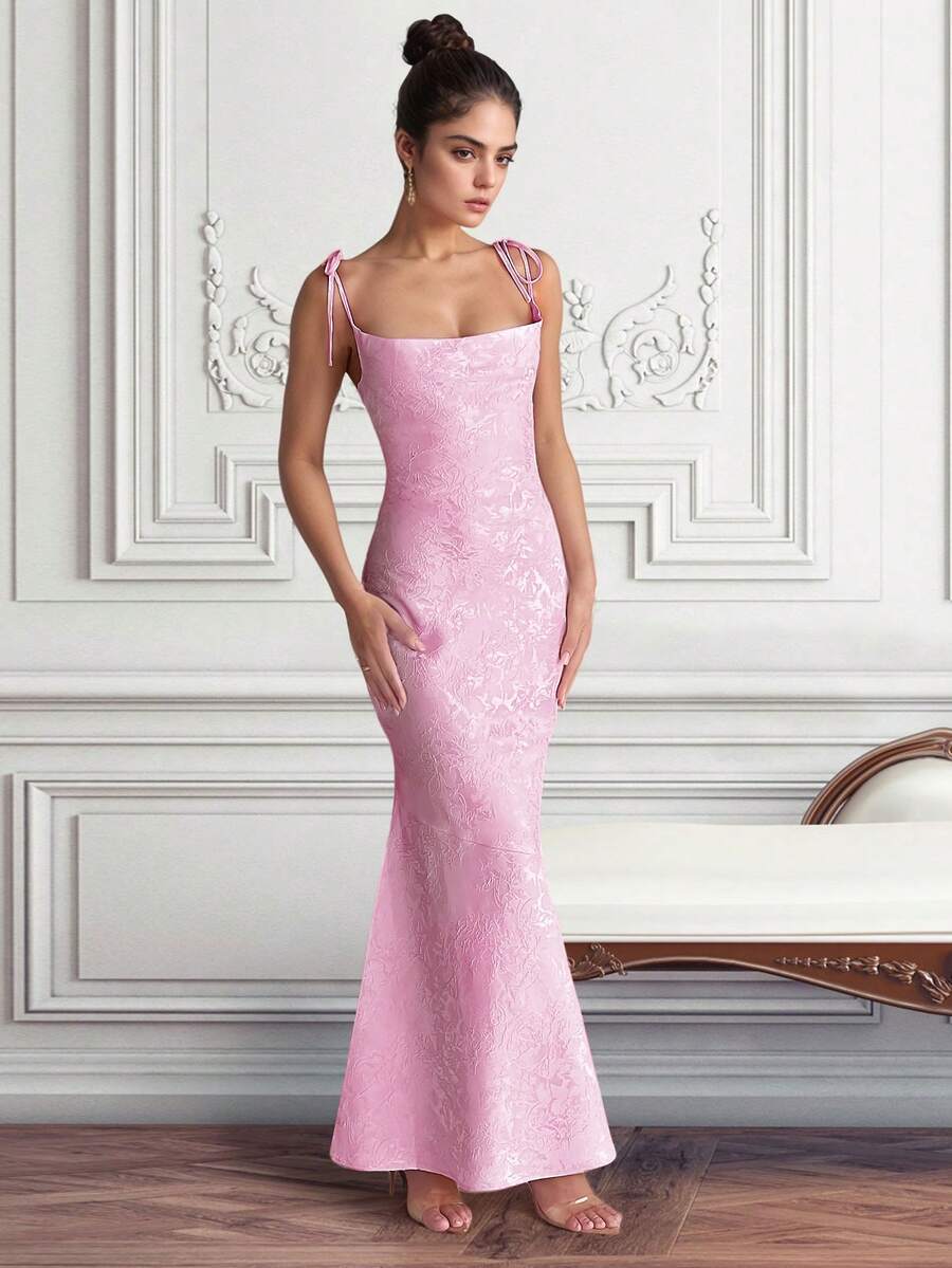 提花无袖鱼尾长裙、派对礼服、长袍、正式礼服、晚礼服、婚礼宾客礼服 - 粉色 - 查看 1