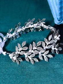 1pc Alloy Rhinestone Bridal Headband, Crystal Gem Wedding Hair Accessory With Organza Veil - Silver - View 6
