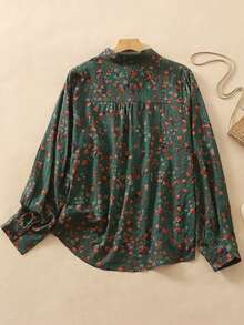 Women's Ditsy Floral Long Sleeve Casual Polo Collar Shirt, Versatile Office, Fall For Women, Olive Green - Green - View 11