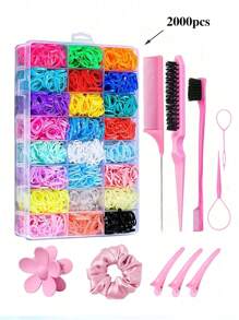 11pcs Hair Elastic Styling Set, 24-Slot Storage Box, Colorful Hair Ties, Candy-Colored Braiding Bands, Hair Rings (2000 Pieces), Combing Brush, Mouse Tail Comb, Side Comb, French Braiding Tools, Flower Hair Clips, Pink Multi-Functional Hair Ring, Crocodile Clips, Multi-Color Rubber Bands And Hair Accessories Set, Styling Tools And Hairstyle Accessories