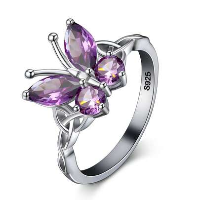 925 Sterling Silver Synthetic Amethyst Butterfly Ring, Low Allergy, 3D Wing Design + Sparkling Stone, Suitable For Daily Wear, Dates, Weddings, Celebrations, Gifts For Easter, Halloween, Valentine's Day, Mother's Day, Birthdays, Comes With Gift Box