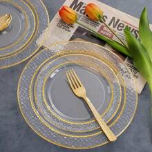 175 Pcs Disposable Gold Tableware Set, Transparent Plastic Tableware, For 25 Guests, Including Dinner Plate, Dim Sum Plate, Wine Cup, Knife, Fork, Spoon And Paper Towel, Very Suitable For Weddings And Parties - Transparent Gold - View 7