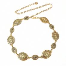 Corrente de Cintura de Metal Prateado Fashionable & Versátil para Mulheres com Incrustação de Pedra Esculpida em Flor, Cinto de Corrente Vintage Gravado, Acessório