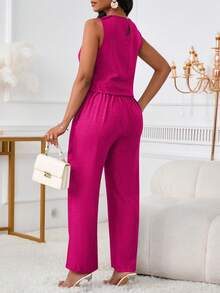 2 件套女士休闲优雅无袖上衣和斜口袋纽扣细节长裤套装 - 玫紅色 - 查看 5