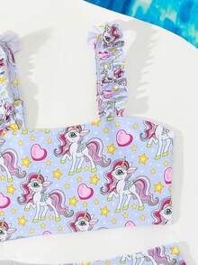 Starry Unicorn Print Young Girls Swimsuit Set - Multicolor - View 5
