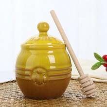 Ceramic Honey Jar With Dipper And Lid Yellow Honey Pot Container For Home Kitchen Storing Honey And Syrup Honey Pot With Dipper