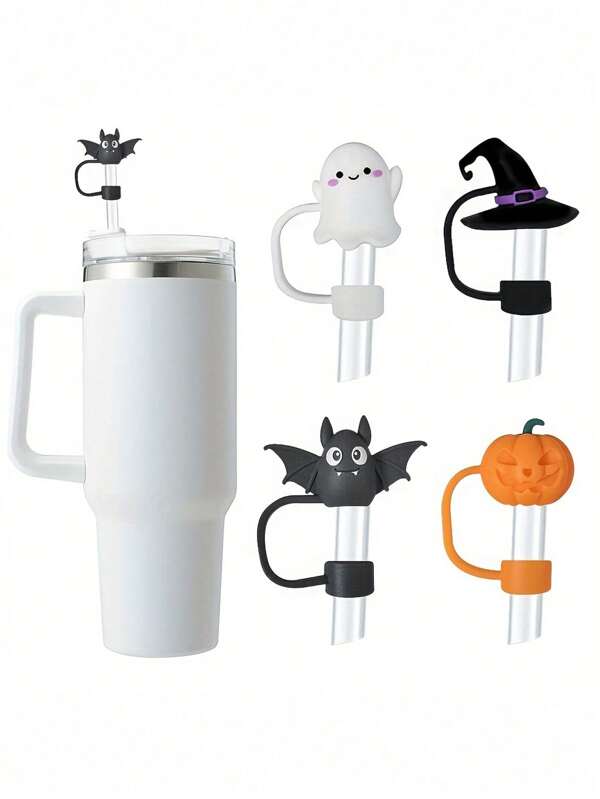 Juego de 1/2/4/10 tapas de pajita con diseño de fantasma, juego de 4 tapas reutilizables de silicona para pajitas, tapones antipolvo para pajitas, adecuados para pajitas de 10mm, incluye 4 estilos de sombreros de fantasma, murciélago y mago, accesorios divertidos para pajitas, suministros de Halloween