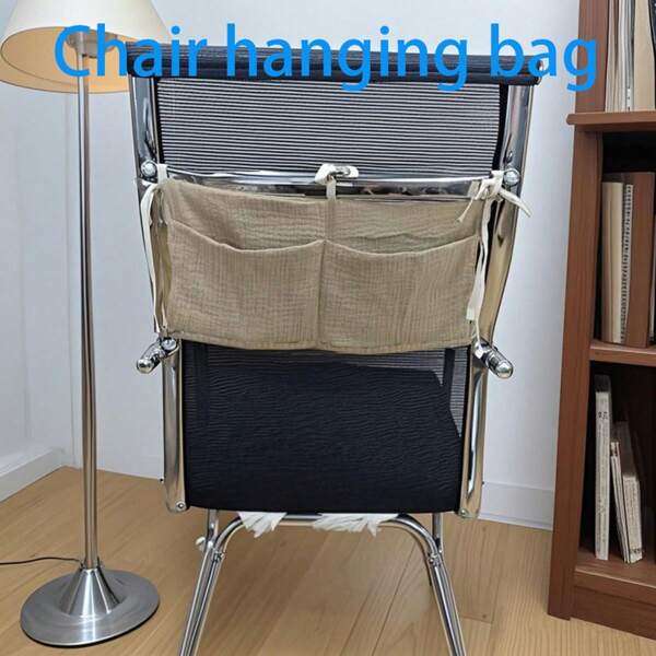 1 pieza Bolsa de almacenamiento de doble capa color caqui para mesita de noche con bolsillos duales, organizador colgante para respaldo de silla