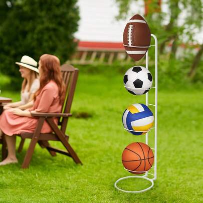 Metal Ball Storage Rack 3 4 Tier Vertical Stand Holder Organizer For Basketball Football Volleyball Sports Equipment Outdoor Indoor Durable Sturdy Space Saving Design Black White
